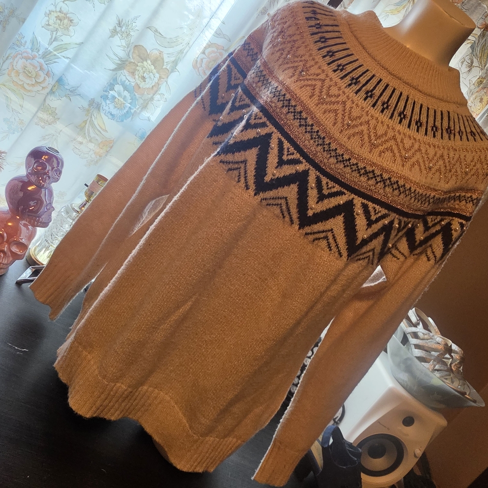 Maurices Tan Fair Isle Crewneck Sweater with Black Yoke